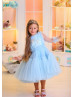 Beaded Baby Blue Lace Tulle Tea Length Flower Girl Dress